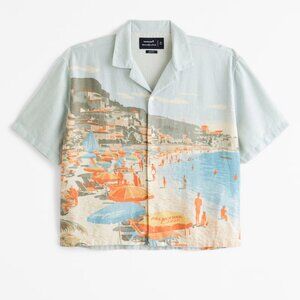 NWT Camp Collar Cropped Linen-Blend Shirt M